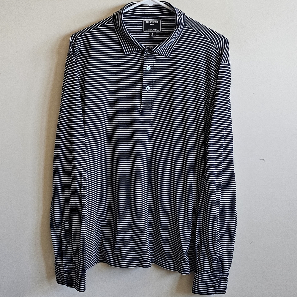 Todd Snyder Long Sleeve Striped Dress Polo Shirt - Navy & White - Size Large